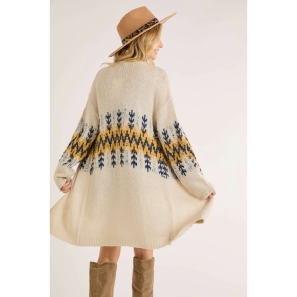 SOLD OUT Ivory Mustard Tribal Pattern Puff Sleeve Knit Cardigan Sweater Fall - Picture 7 of 7